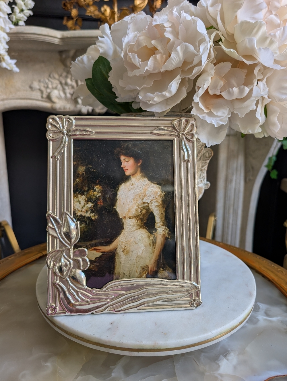 Vintage Art Nouveau Brass, Silver Plated photo frame decor w/ vtg style print 8"